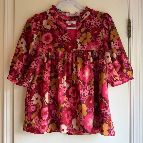 Sugarlips Tops - Sugarlips Pink Floral Babydoll Blouse Ruffle Split Neck Puff Sleeve Top STT16780